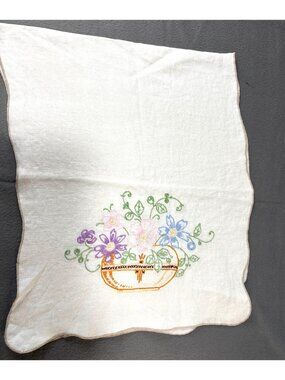 Floral Embroidered Linen Table Runner 14" x 35" Elegant Bloom Vintage
